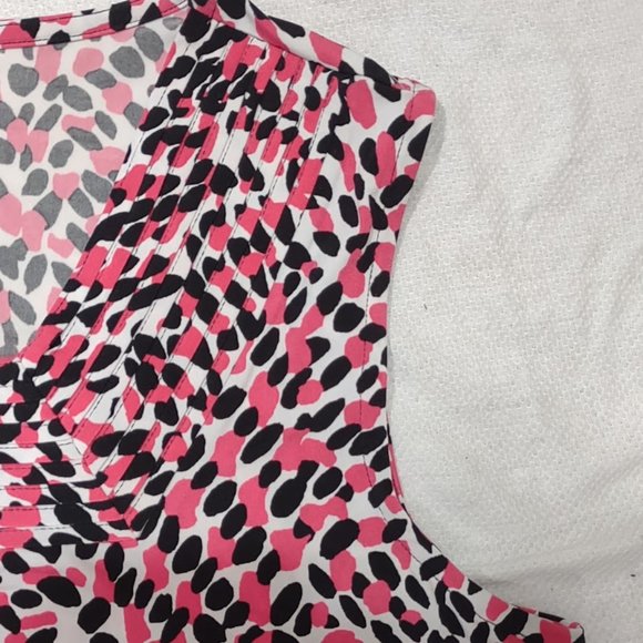 DANA BUCHMAN PINK BLACK WHITE ABSTRACT DOTS SLEEVELESS DRESS RUCHED SIZE XL - Picture 4 of 9